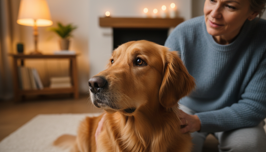 Golden retriever with person indoors.